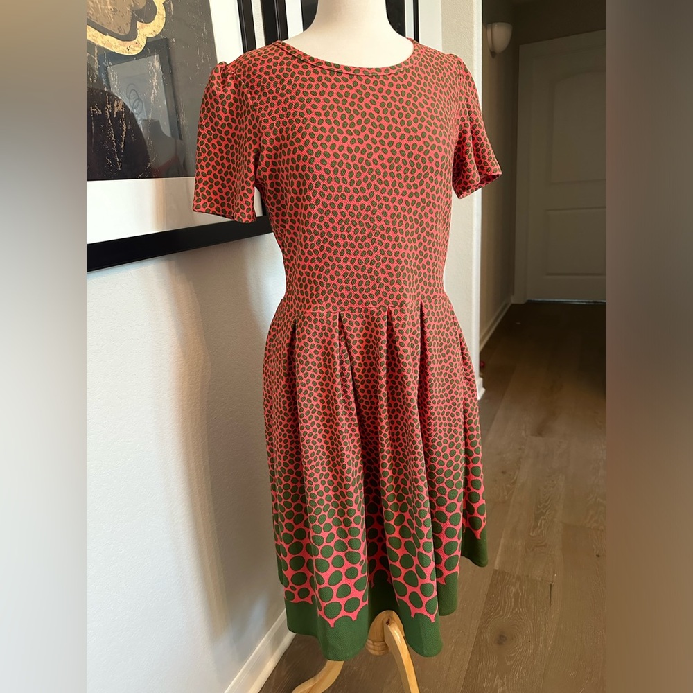 LuLaRoe knee length polka dot Amelia dress pink and green